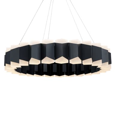 A contemporary, black and white, hexagonal ring-shaped chandelier suspended by thin cables. It features segments that alternate between opaque black and translucent illuminated sections, forming a visually striking circular light fixture. — 3D model