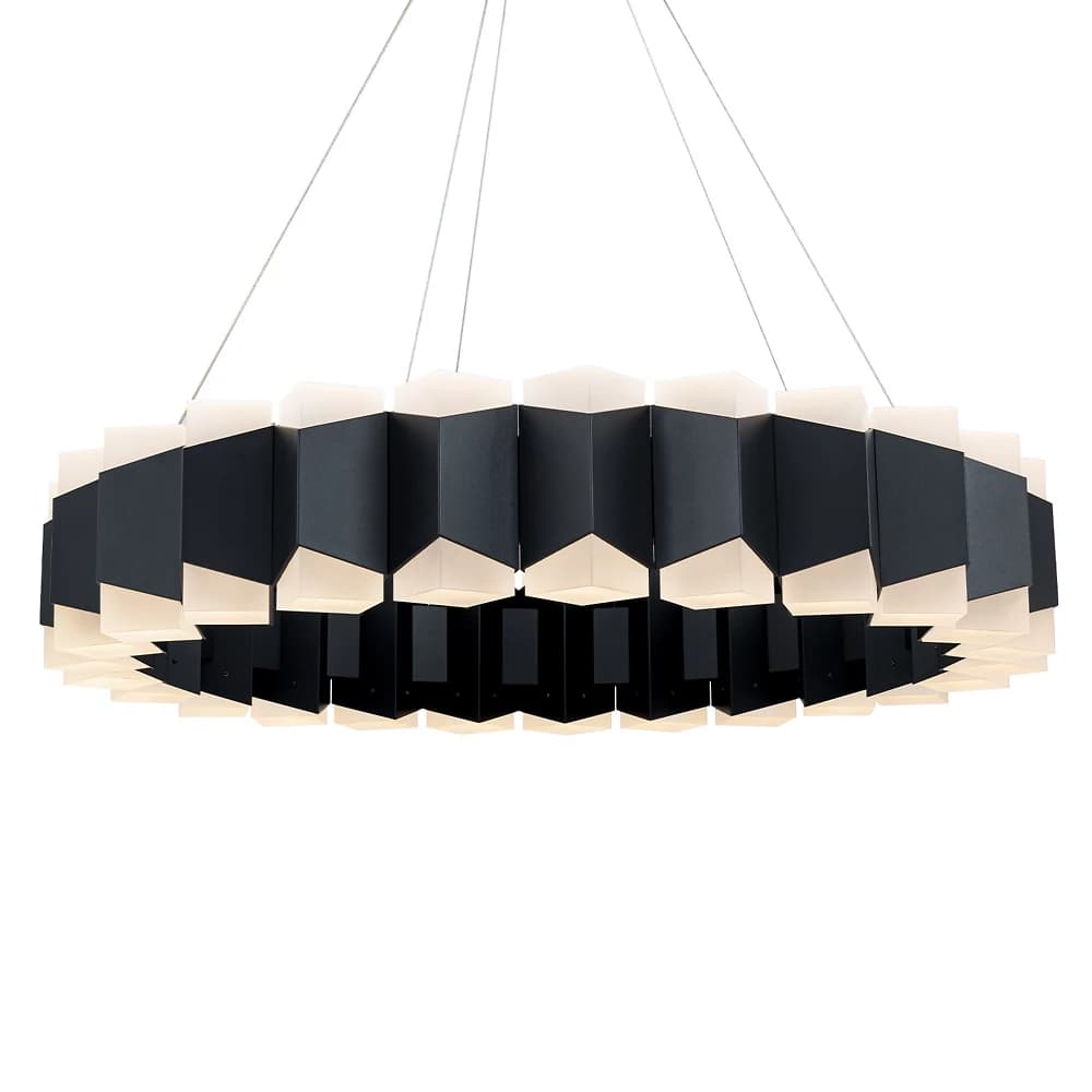 A contemporary, black and white, hexagonal ring-shaped chandelier suspended by thin cables. It features segments that alternate between opaque black and translucent illuminated sections, forming a visually striking circular light fixture. — 3D model