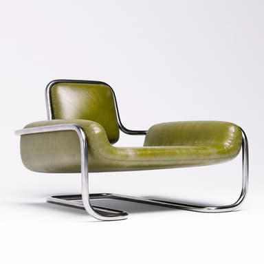 A Modernist lounge chair featuring a continuous tubular chrome frame that forms the base, armrests, and back support, upholstered in green leather or faux leather for the seat, backrest, and armrest pads. — 3D model