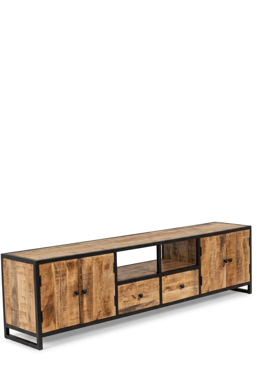 A long, low industrial-style media console constructed from rough-hewn mango wood and a black metal frame. It features two double-door cabinets on the ends, two central open shelves, and two drawers below the open shelves, all with dark metal handles. The wood exhibits natural grain and variations, characteristic of mango wood. — 3D model