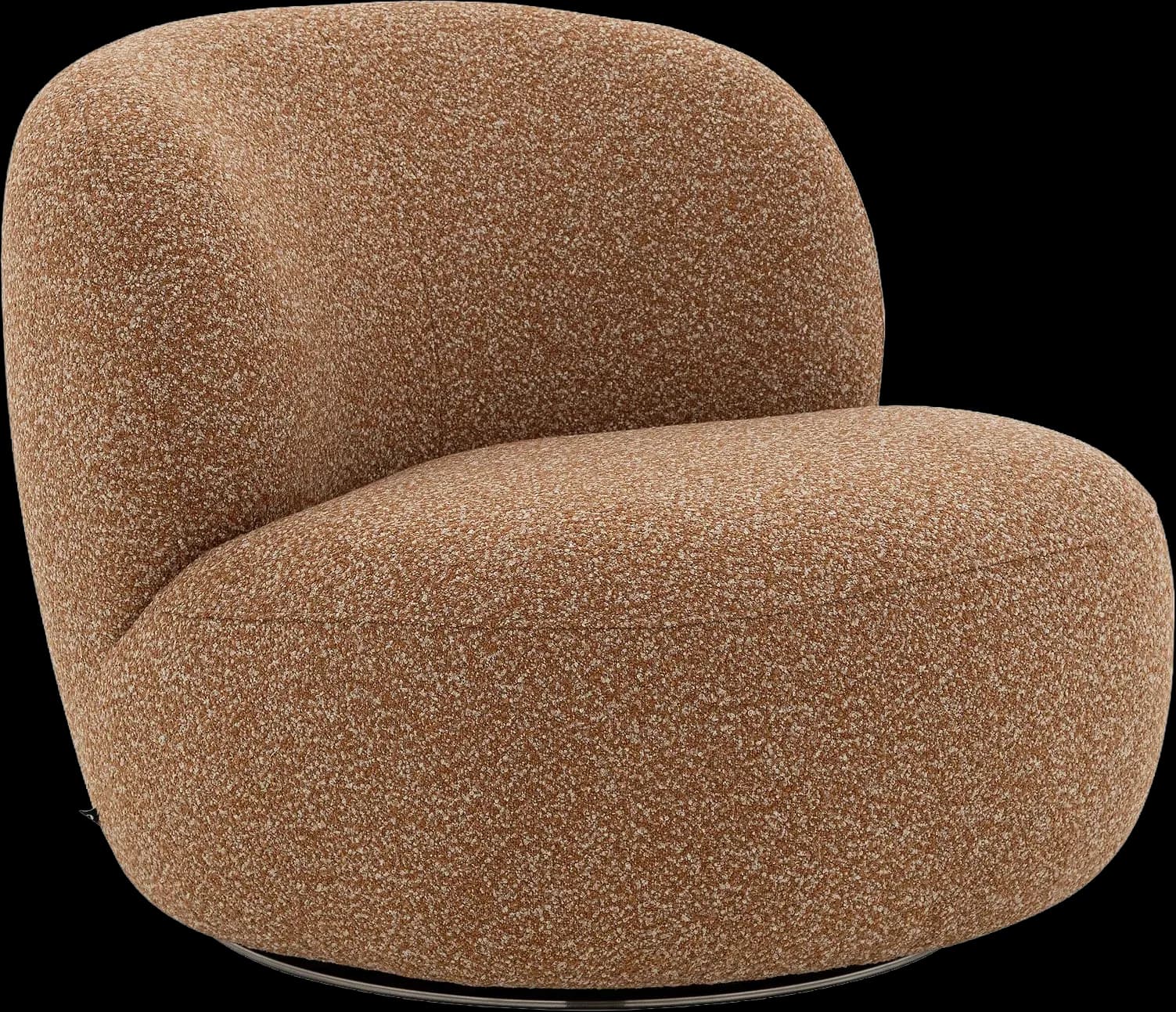 A low-slung, fully upholstered swivel lounge chair in a textured, brownish-orange bouclé-like fabric, featuring a rounded, organic form and resting on a slender circular metal base. — 3D model