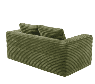 A contemporary loveseat fully upholstered in ribbed olive green corduroy fabric, featuring a blocky silhouette and two loose back cushions. — 3D model