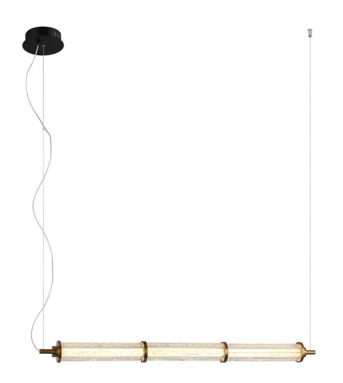 A contemporary linear pendant light featuring a long, horizontal illumination bar suspended by two thin wires from a black circular ceiling canopy. The light source is housed within three sections of textured, possibly bubbled, clear glass, separated and capped by brass-toned metal rings and end caps. The overall design is sleek and modern. — 3D model