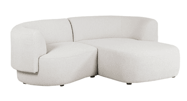 A modern curved modular sectional sofa upholstered in white or off-white boucle fabric, featuring a left-arm section connected to an armless chaise lounge component, resting on subtle recessed dark feet. — 3D model