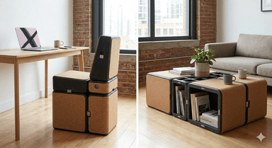 A modular chair composed of cuboid blocks, featuring natural cork panels on its exterior surfaces and dark, possibly fabric-covered padding for the seat and backrest. The design highlights its segmented construction with visible connectors, suggesting reconfigurability. It presents a modern, minimalist aesthetic with a low profile. — 3D model