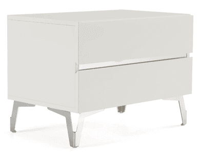 A modern white lacquered nightstand featuring two drawers with integrated recessed handles and supported by splayed polished metal legs. — 3D model