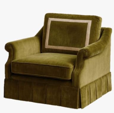 An upholstered armchair in a deep olive green velvet fabric, featuring rolled arms, a loose seat cushion, and a loose back cushion. The back cushion is adorned with a decorative square banding in a lighter tone. The armchair sits on a pleated skirt base. — 3D model