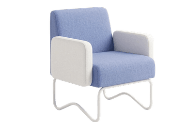 A modern armchair featuring a compact design with rounded armrests and a distinct sled base. The seating and backrest are upholstered in a textured, light blue fabric, while the armrests are covered in a contrasting textured white fabric. The frame and base appear to be made of a smooth, white material, possibly metal or plastic. — 3D model