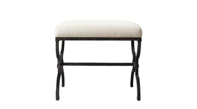 A rectangular upholstered bench featuring a dark, ornate wrought iron frame with an antique finish and a light-colored fabric seat. — 3D model