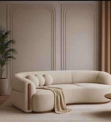 A contemporary, armless curved sofa upholstered in a light beige, textured fabric, likely bouclé. The sofa features a continuous, rounded backrest and seat, creating a fluid, organic silhouette. Integrated wooden panels are visible on the outer ends of the backrest, providing a subtle material contrast. It includes three spherical accent cushions in matching fabric and a draped light-colored throw blanket, resting on a recessed, low-profile base. — 3D model