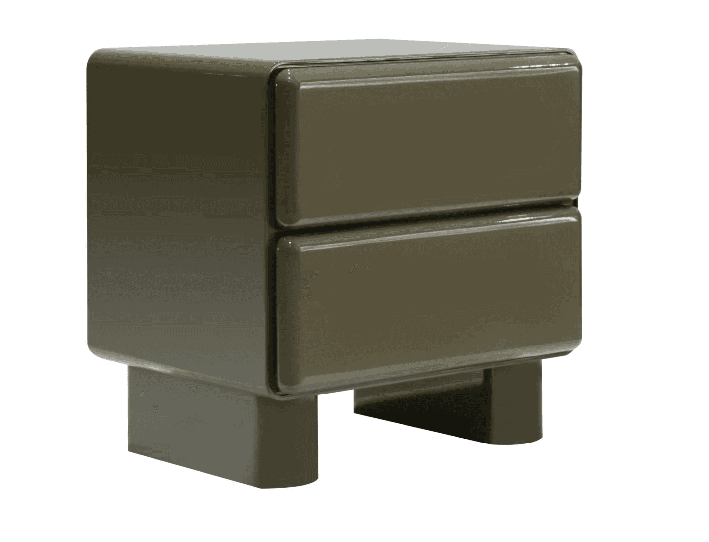 A modern, two-drawer nightstand with a glossy finish. The nightstand features rounded edges on the top and drawer fronts, and it is supported by two thick, rectangular legs that extend from the base. — 3D model