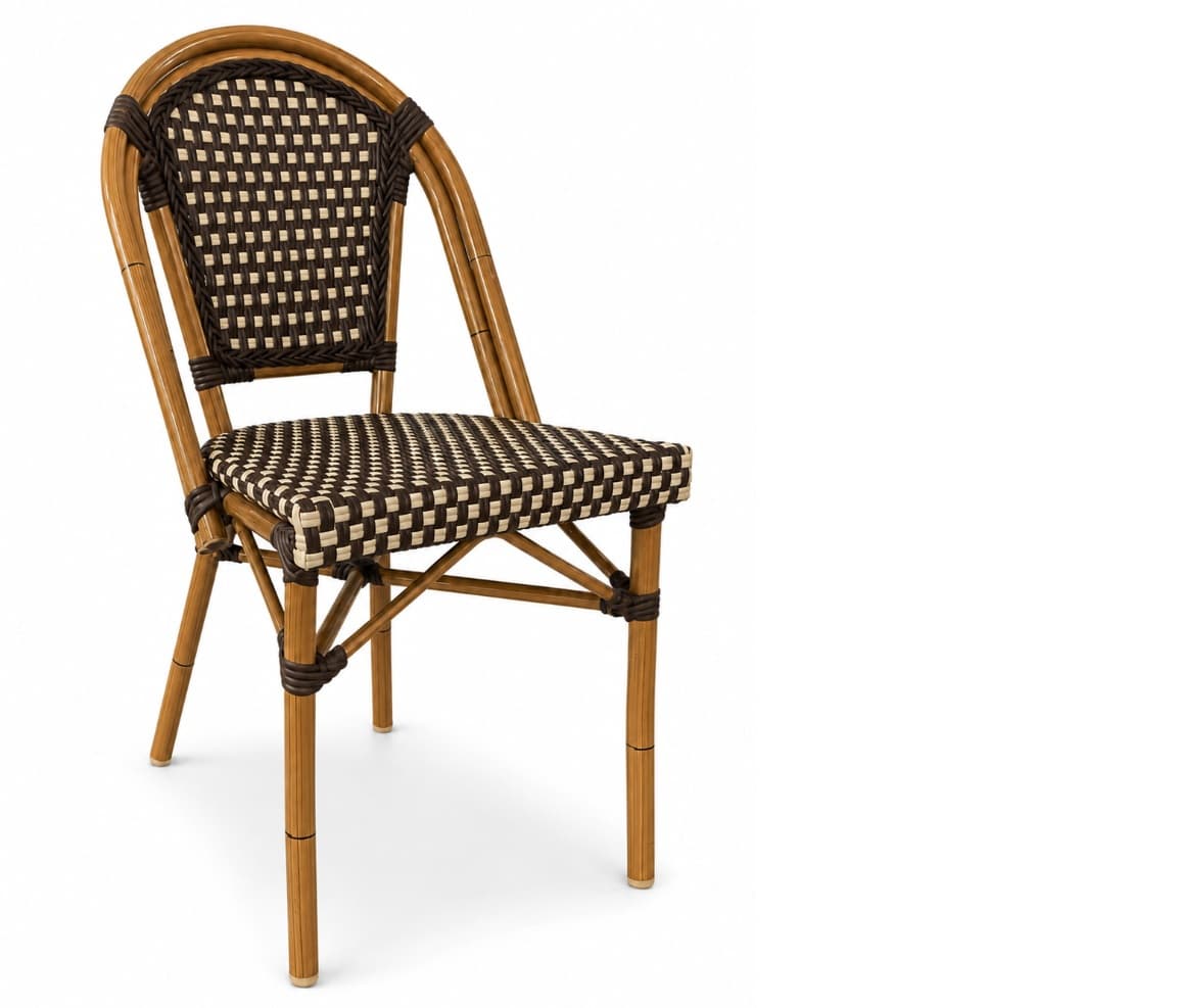 A single bistro-style dining chair featuring a light brown, bentwood-style frame made from what appears to be rattan or bamboo. The seat and backrest are constructed from a tightly woven synthetic material in an alternating dark brown and light cream checkerboard pattern. Dark brown bindings secure various joints and sections of the frame, adding a decorative and structural element. The chair has a curved backrest and straight legs, presenting a classic cafe aesthetic. — 3D model