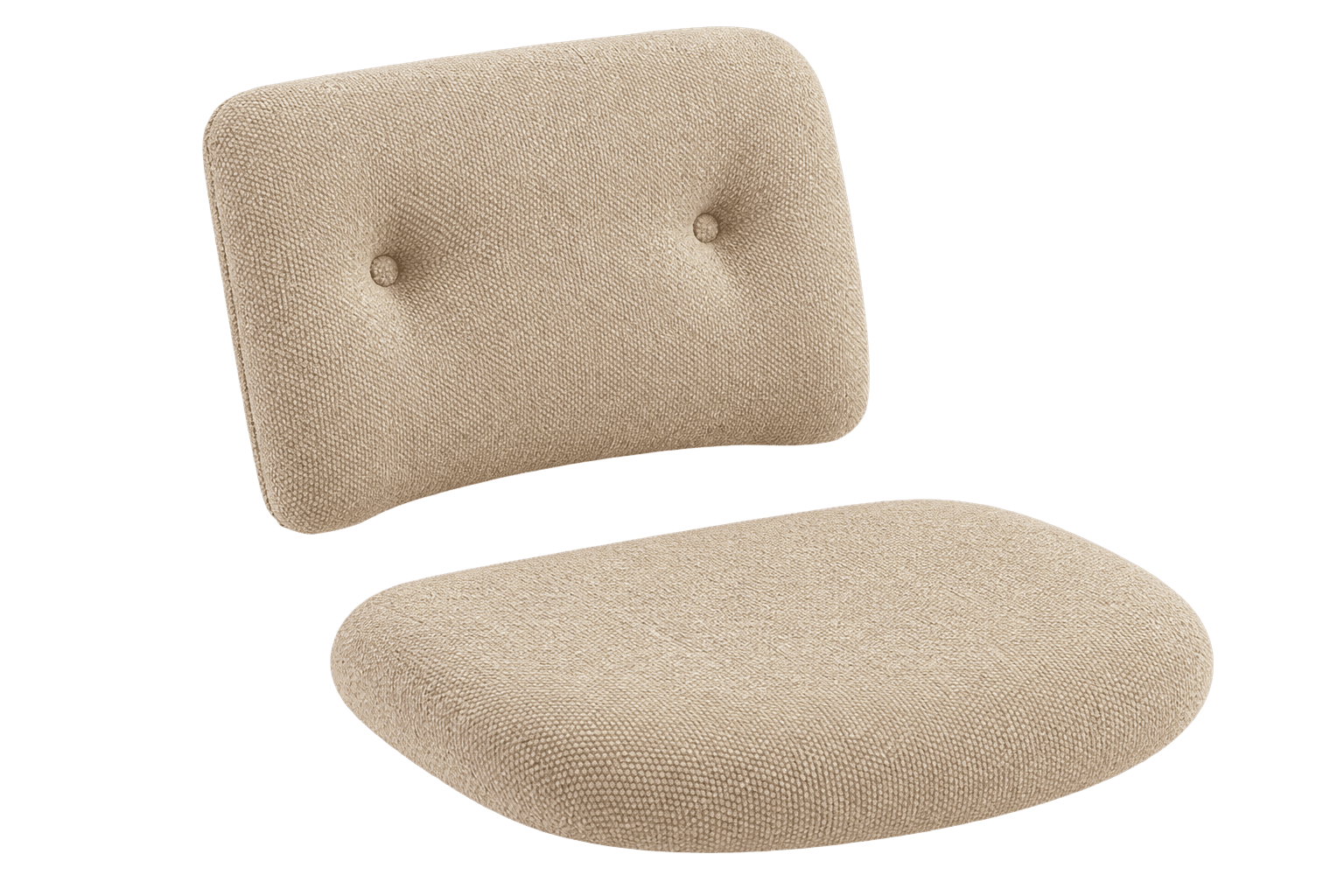 An upholstered chair seat and backrest, presented as separate components against a black background. Both pieces are covered in a textured, light beige or cream fabric. The backrest features two button tufts, adding a subtle design detail. The seat is a rounded, slightly contoured pad, while the backrest is rectangular with rounded corners, showing a gentle curve for ergonomic support. No frame or legs are visible, indicating these are individual parts for assembly. — 3D model