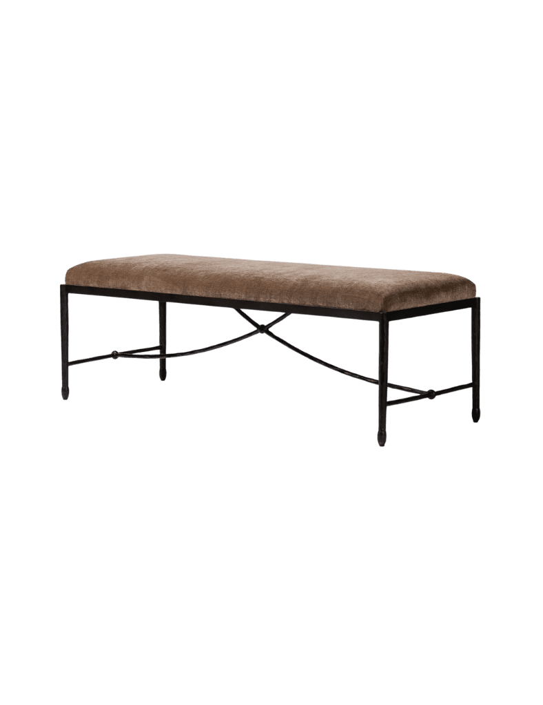 A rectangular upholstered bench with a dark metal frame. The frame features four slender legs connected by crossbars, with an X-shaped stretcher in the center of the base. The seat is padded and covered in a textured, brown fabric. — 3D model