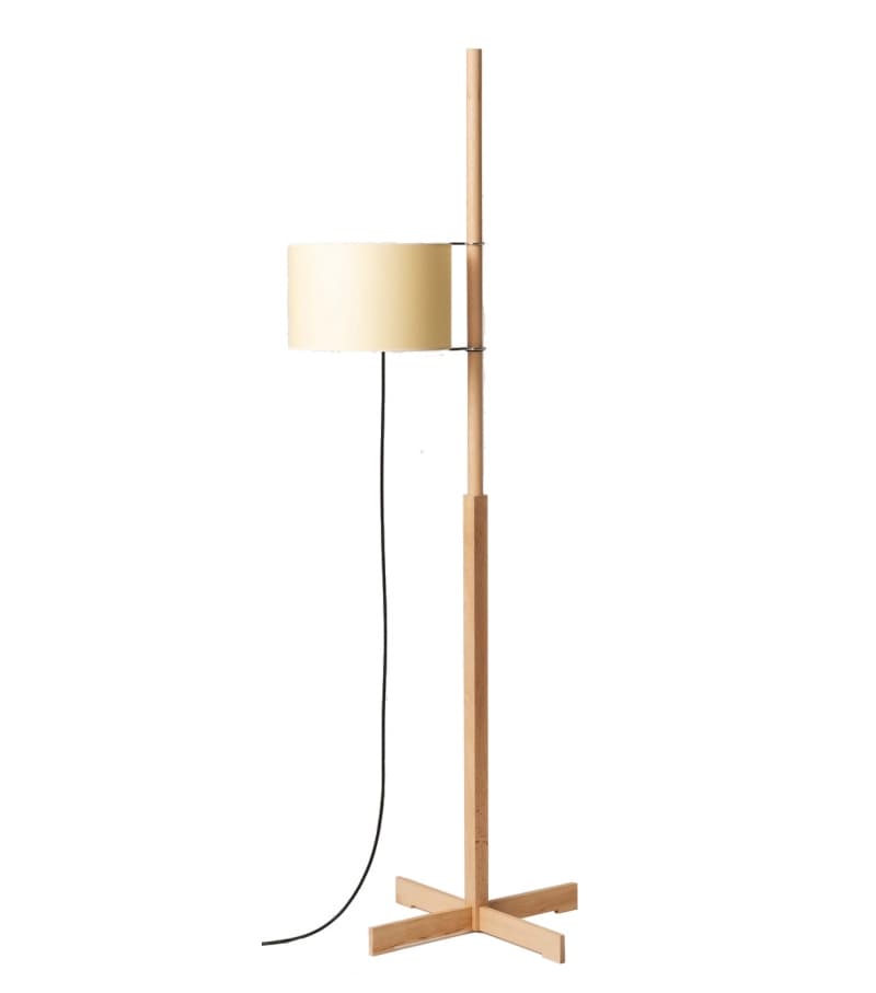 A modern floor lamp with a minimalist design. It features a vertical wooden pole with a cylindrical lampshade attached by metal clips. The base is a cross shape, also made of wood, providing stability. A black power cord extends from the base. — 3D model