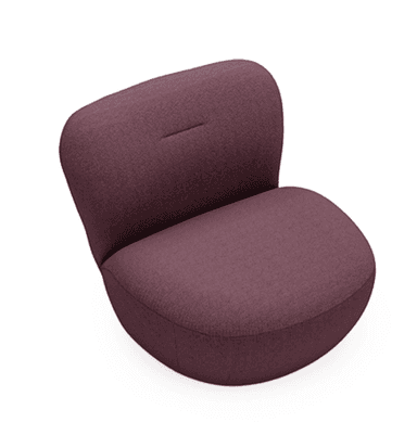 A plush, upholstered armchair shown in profile against a black background. The chair features a curved, organic silhouette with a rounded seat and a slightly angled backrest. The upholstery appears to be a textured fabric. — 3D model