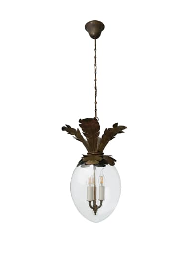 A decorative hanging lighting fixture, characterized by a clear bell-shaped glass body and a detailed patinated brass or bronze top section sculpted into a pineapple leaf motif. It houses two internal candelabra bulb sockets and is suspended from the ceiling by a metal chain and a matching canopy. — 3D model