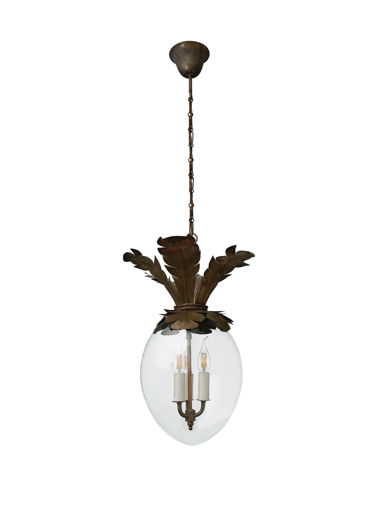 A decorative hanging lighting fixture, characterized by a clear bell-shaped glass body and a detailed patinated brass or bronze top section sculpted into a pineapple leaf motif. It houses two internal candelabra bulb sockets and is suspended from the ceiling by a metal chain and a matching canopy. — 3D model