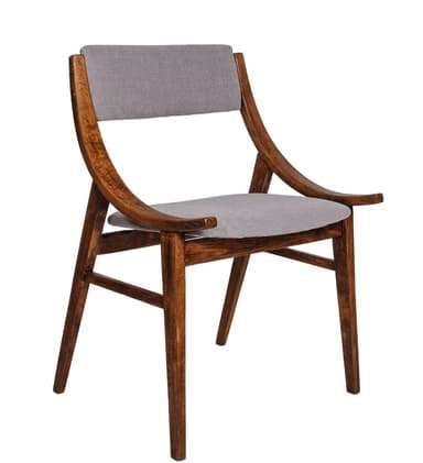 A modern armchair featuring a wooden frame and upholstered seat and backrest. The frame has a curved, organic design for the armrests and back supports, while the legs are straight and tapered. The upholstery is a neutral grey fabric. — 3D model