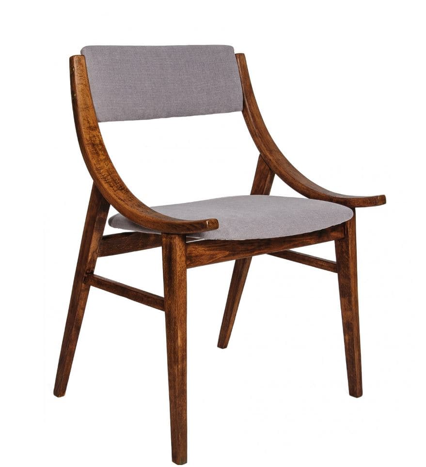 A modern armchair featuring a wooden frame and upholstered seat and backrest. The frame has a curved, organic design for the armrests and back supports, while the legs are straight and tapered. The upholstery is a neutral grey fabric. — 3D model