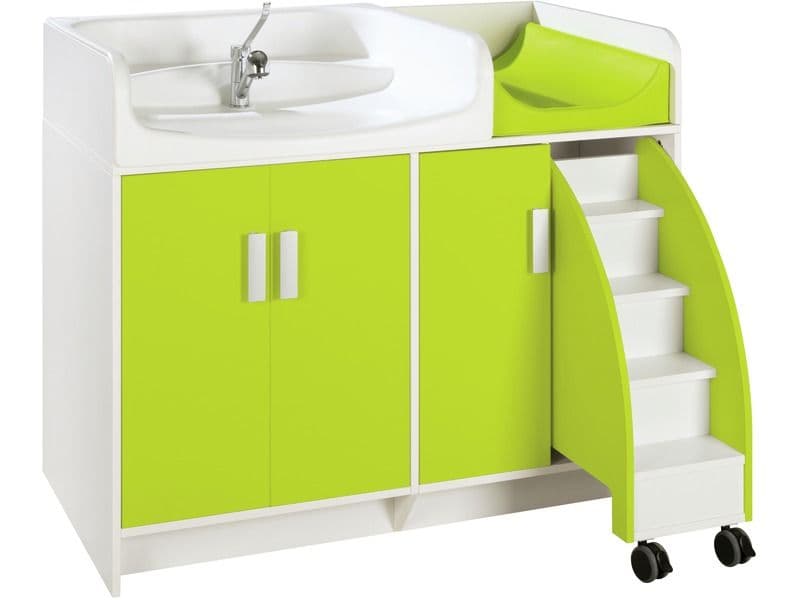 A multi-functional children's care station featuring a white cabinet base with bright lime green doors. The top surface integrates a white sink with a faucet on the left and a lime green bathing/changing basin on the right. A set of white pull-out steps with wheels is positioned on the right side, designed for young children to reach the sink. — 3D model