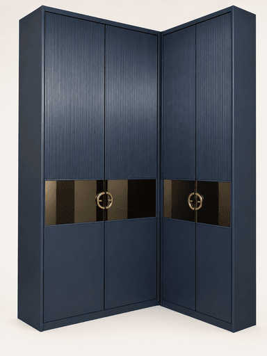 A sophisticated L-shaped corner wardrobe in a matte navy blue finish, designed for ample storage in corner spaces. It features multiple doors with a combination of vertical fluted upper panels and smooth lower panels. A distinctive central horizontal band incorporates dark reflective glass or mirror panels, accented by unique circular brass handles. — 3D model