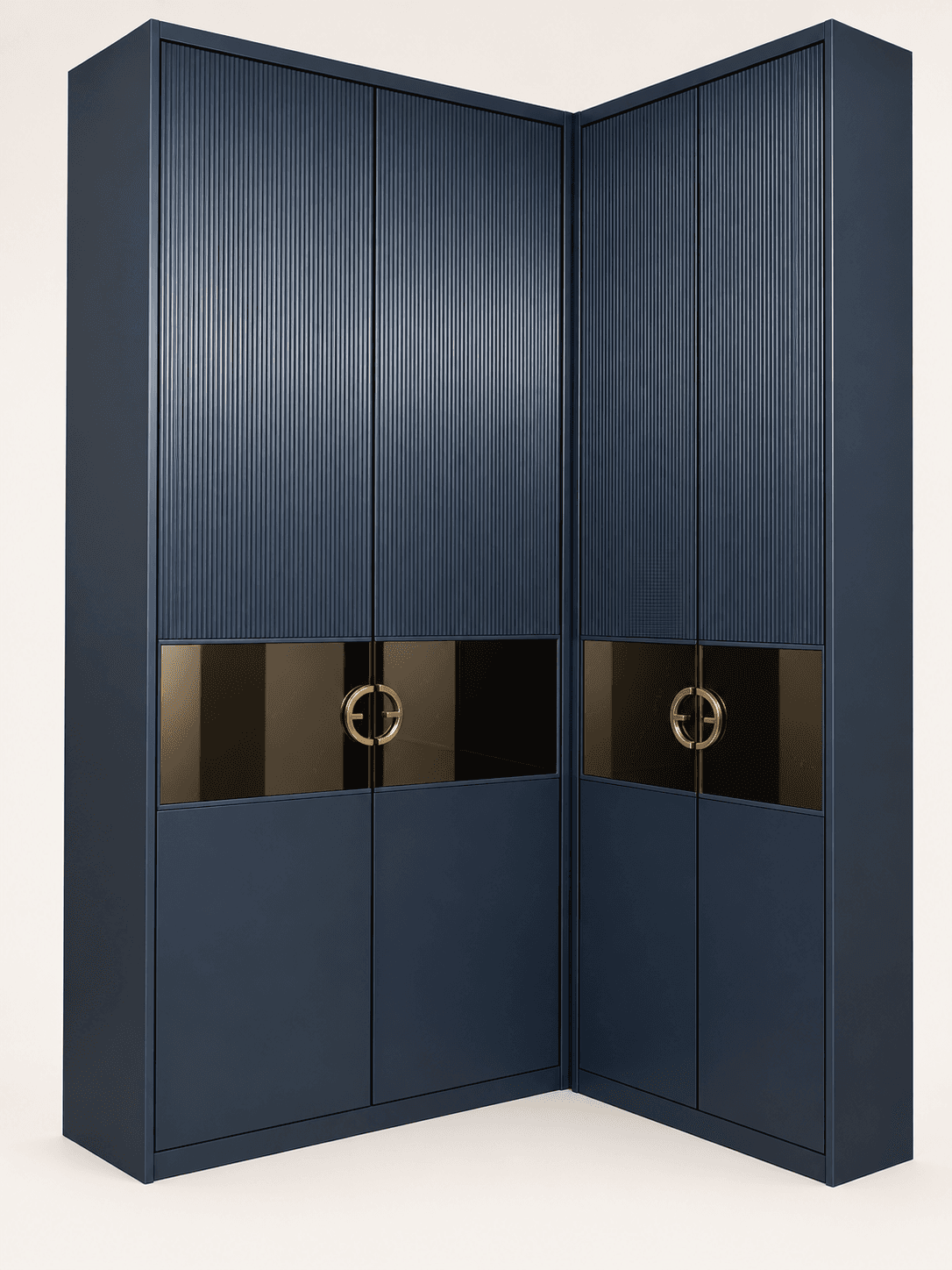 A sophisticated L-shaped corner wardrobe in a matte navy blue finish, designed for ample storage in corner spaces. It features multiple doors with a combination of vertical fluted upper panels and smooth lower panels. A distinctive central horizontal band incorporates dark reflective glass or mirror panels, accented by unique circular brass handles. — 3D model