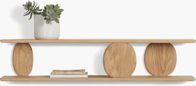 A contemporary two-tiered shelf unit constructed from wood. The unit features a simple, horizontal shelf design, with each shelf supported by distinctive, rounded, disc-like wooden elements. These supports are positioned centrally beneath the shelves, creating a visually unique and minimalist aesthetic. The natural wood grain is visible, suggesting a focus on material authenticity. The upper shelf displays a white cylindrical vase containing artificial succulents, and a stack of two books rests on the lower shelf. — 3D model