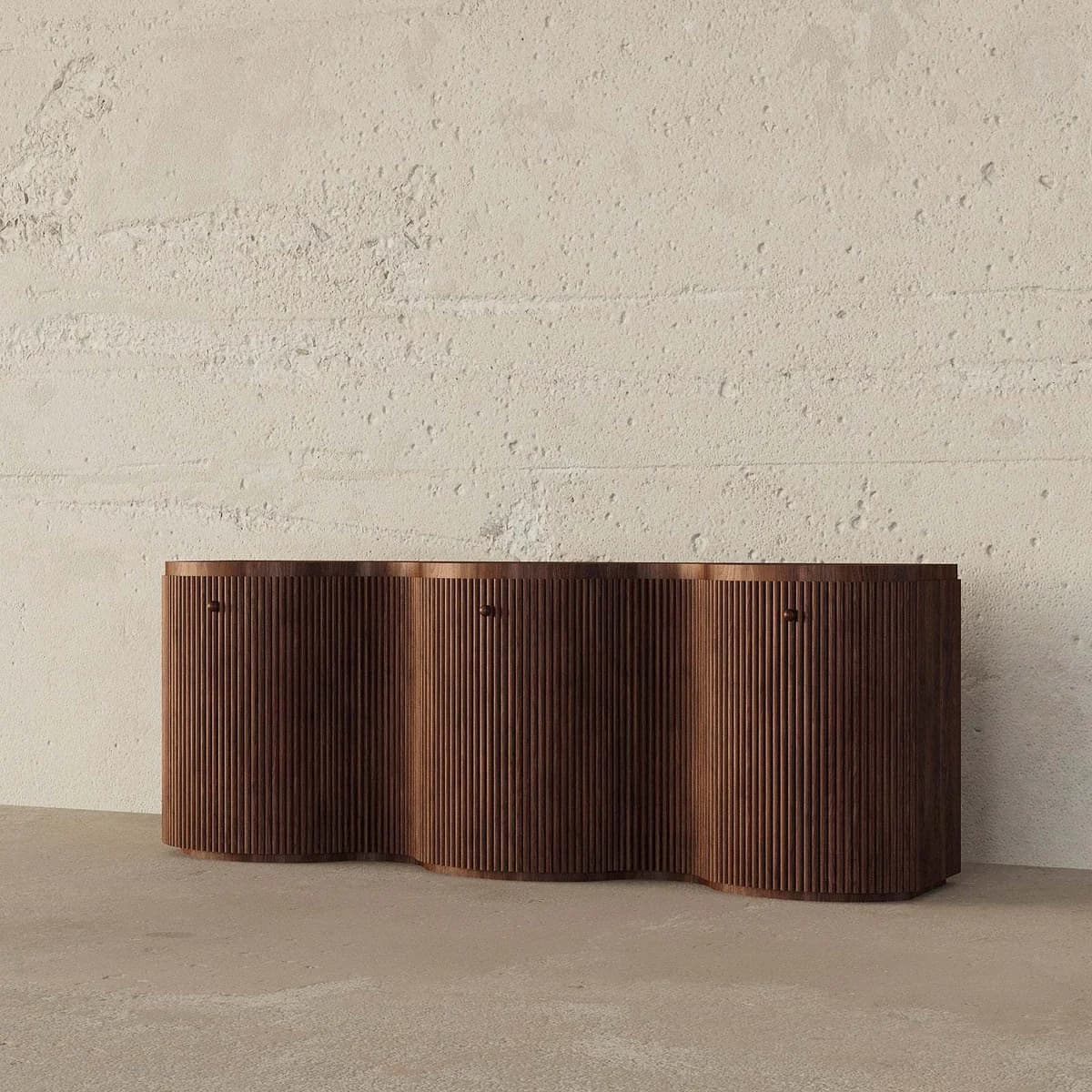 A long, low wooden storage unit featuring a distinctive wavy front composed of vertical reeded panels. The dark wood finish enhances its modern and sculptural aesthetic. — 3D model