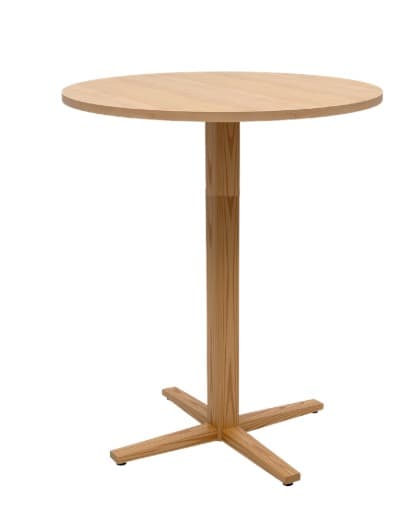 A light-colored natural wood bar table with a round tabletop supported by a central pedestal column, which expands into a stable, four-pronged X-shaped base. The wood exhibits a visible grain pattern. — 3D model