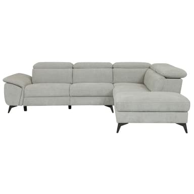An L-shaped sectional sofa upholstered in light grey fabric, featuring multiple plush cushions, individual adjustable backrests, and slender black metal legs. The configuration includes a chaise extension on one end. — 3D model