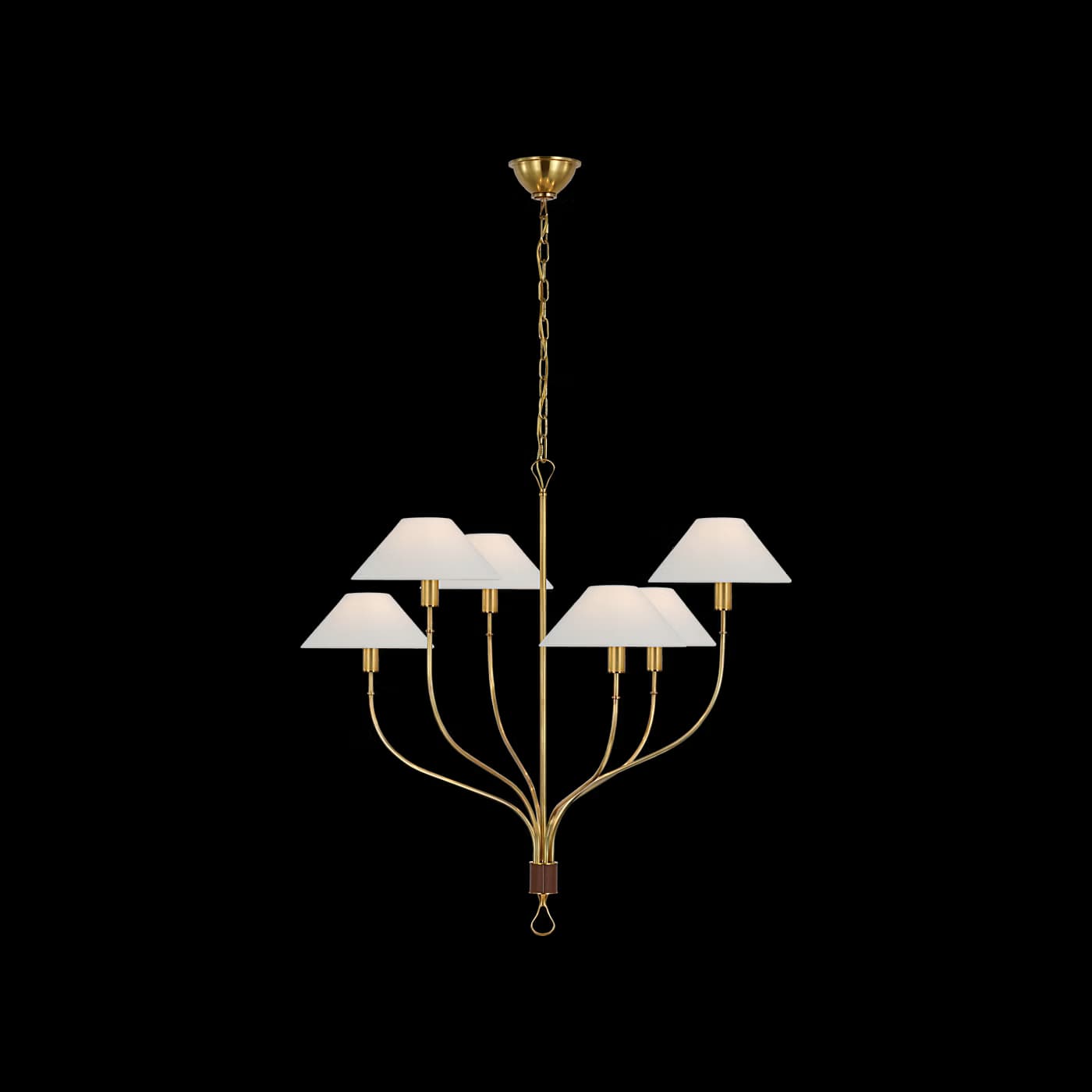 A brass chandelier with five white conical lampshades. The arms of the chandelier curve outwards and upwards from a central stem, supporting individual lamps. A decorative loop is present at the bottom of the central stem. The fixture is suspended by a chain and a brass ceiling canopy. — 3D model