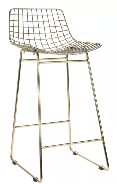 A tall, contemporary bar stool constructed from gold-finished metal wire. It features a contoured, grid-patterned seat and backrest, supported by a sled-style tubular metal base with an integrated footrest. — 3D model