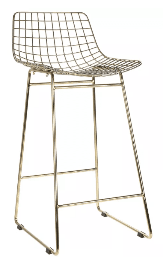 A tall, contemporary bar stool constructed from gold-finished metal wire. It features a contoured, grid-patterned seat and backrest, supported by a sled-style tubular metal base with an integrated footrest. — 3D model
