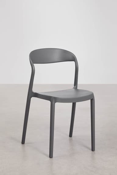 A minimalist, armless side chair constructed from a single piece of molded gray plastic, featuring a curved backrest, a flat seat, and four integrated, slightly tapered legs. — 3D model