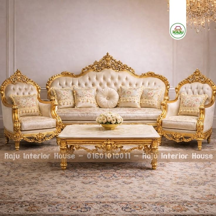 An ornate, traditional sofa featuring a gold leaf carved wooden frame and cream-colored tufted upholstery with floral accents. — 3D model