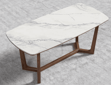 A modern rectangular coffee table featuring a white faux marble top with grey veining and a dark brown, geometric wooden base. — 3D model