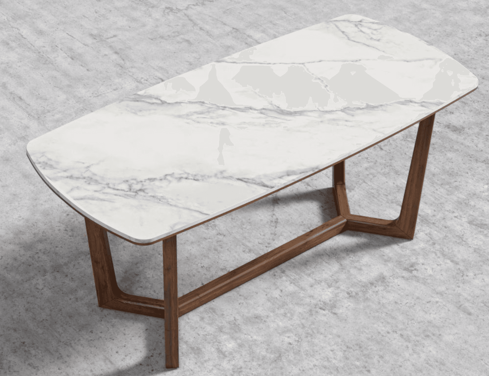 A modern rectangular coffee table featuring a white faux marble top with grey veining and a dark brown, geometric wooden base. — 3D model