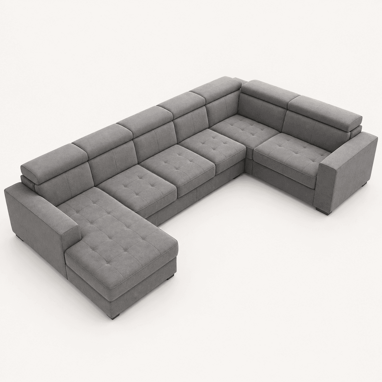 A large, contemporary U-shaped sectional sofa, composed of multiple modular units, upholstered in a grey fabric. It features button-tufted seat cushions and segmented backrests with what appear to be adjustable or plush headrest portions. One end unit forms a long chaise lounge. — 3D model