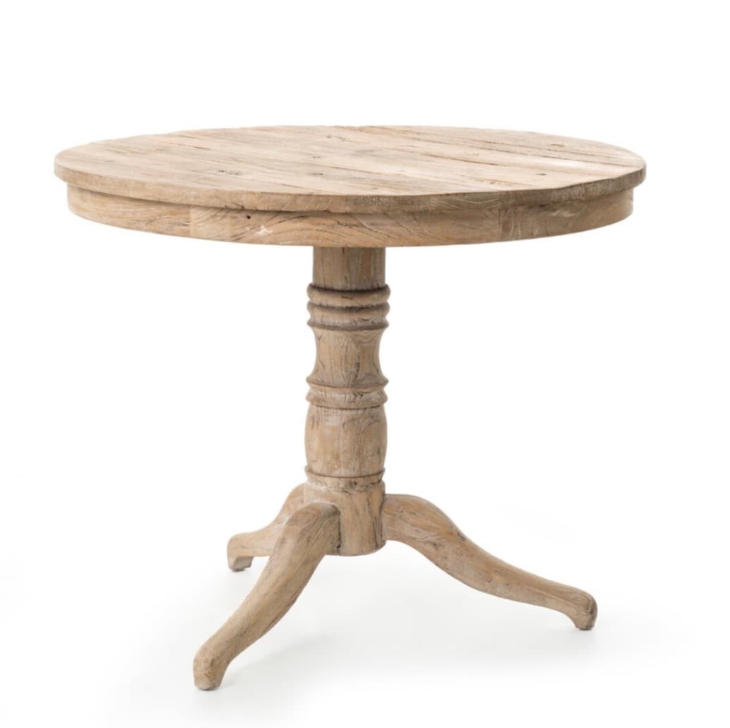 A light-colored round wooden pedestal table with a rustic or distressed finish, featuring a turned central column and three curved, splayed legs. — 3D model