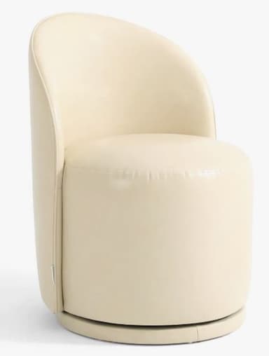 An armless swivel accent chair featuring a cylindrical upholstered base, a round seat, and a curved, rounded backrest, all covered in a smooth, cream-colored material. — 3D model