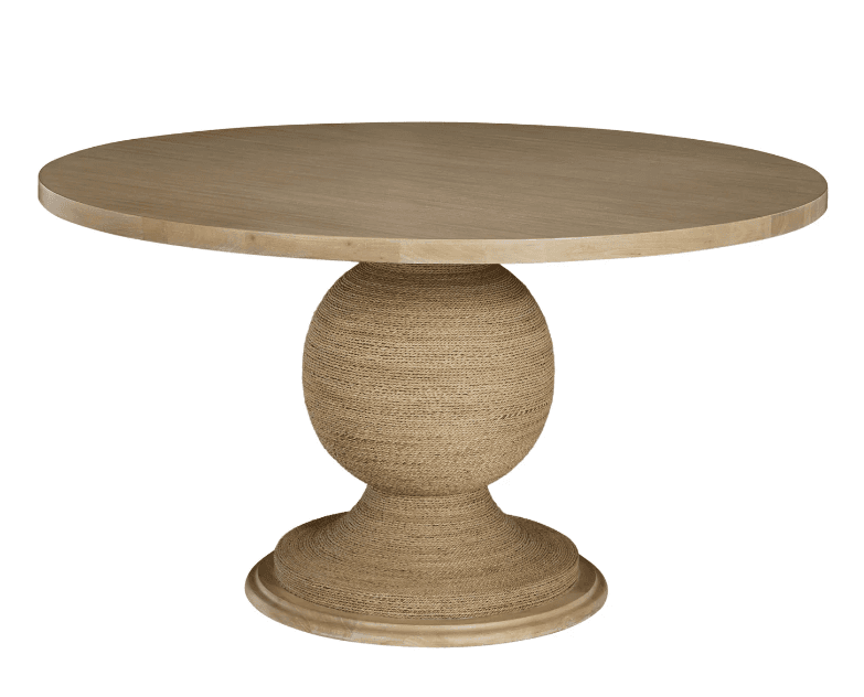 A round dining table with a pedestal base. The tabletop is made of light-colored wood with visible grain. The pedestal base is spherical in its central section, tapering outwards towards a circular base, and is covered in a textured rope material. — 3D model