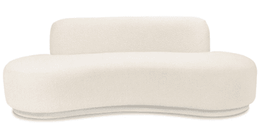A contemporary sofa with a distinctive curved silhouette and a textured boucle upholstery. The design features a low profile base that curves outward, supporting a plush, rounded seating area. A vertically oriented, rounded backrest is integrated into the rear of the sofa, providing a unique visual element and support. The overall form is organic and inviting, with soft edges and a substantial yet streamlined appearance. — 3D model