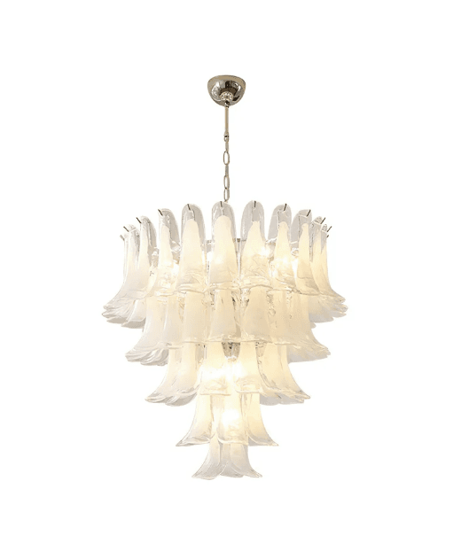 A multi-tiered chandelier with a chrome-plated metal canopy and chain suspension system. The chandelier features numerous glass shades, each shaped like a bell or flower petal, arranged in a cascading structure. The glass shades are predominantly frosted white, with some appearing clear, creating a diffused light effect. — 3D model