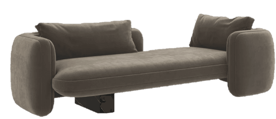 An elegant, modern daybed featuring a long, cushioned platform upholstered in a soft, neutral taupe fabric. It has thick, rounded armrests on both ends that seamlessly integrate with the body. Two loose, rectangular back cushions provide additional comfort. The entire structure is supported by a single, central, angular block base made of black marble with subtle white veining, creating a floating effect. — 3D model