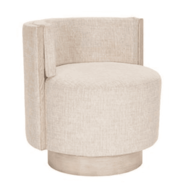 A contemporary swivel barrel accent chair featuring a fully upholstered body in light cream textured fabric, with exposed light-toned wood trim along the armrests and a matching cylindrical swivel base. — 3D model
