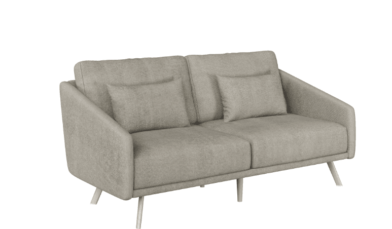 A contemporary two-seater loveseat upholstered in a light grey, textured fabric, featuring a clean silhouette with tapered arms and splayed legs. — 3D model