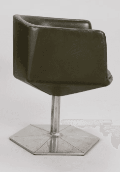 A vintage olive green upholstered swivel chair featuring a bucket seat design and a polished hexagonal metal pedestal base. — 3D model