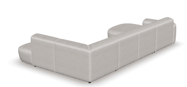 A sectional sofa, viewed from the rear, configured in an L-shape. It features a light beige upholstery with a textured finish. The sofa has a modular design with distinct cushioned sections. The backrests are low and straight, with visible stitching indicating the panel construction. The armrests are slightly rounded and integrated into the main body of the sofa. The base is low to the ground and appears to have small, dark feet. — 3D model