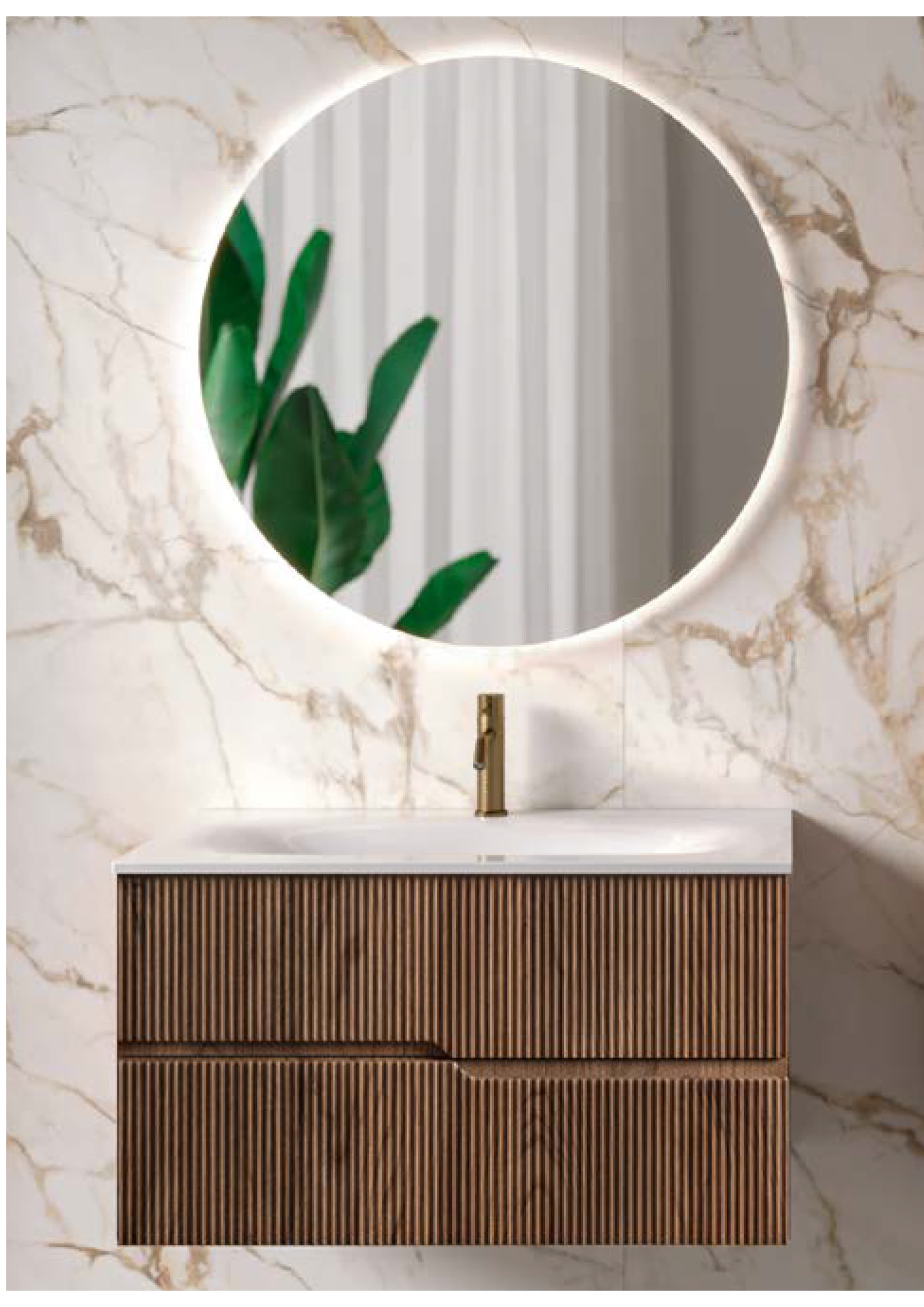 A modern wall-mounted vanity unit with a fluted wood-effect front and two drawers. It is topped with a white integrated sink and features a contemporary brass faucet. A circular, illuminated mirror with an integrated LED light is positioned above the vanity. — 3D model